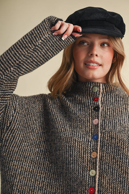 Striped Sweater Cardigan with Colorful Buttons - Black Taupe