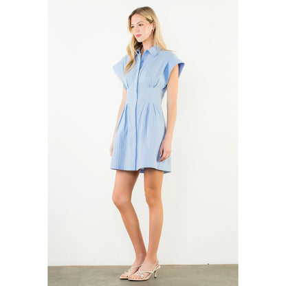 Short Sleeve Striped Button Down Dress - Blue - Spinout