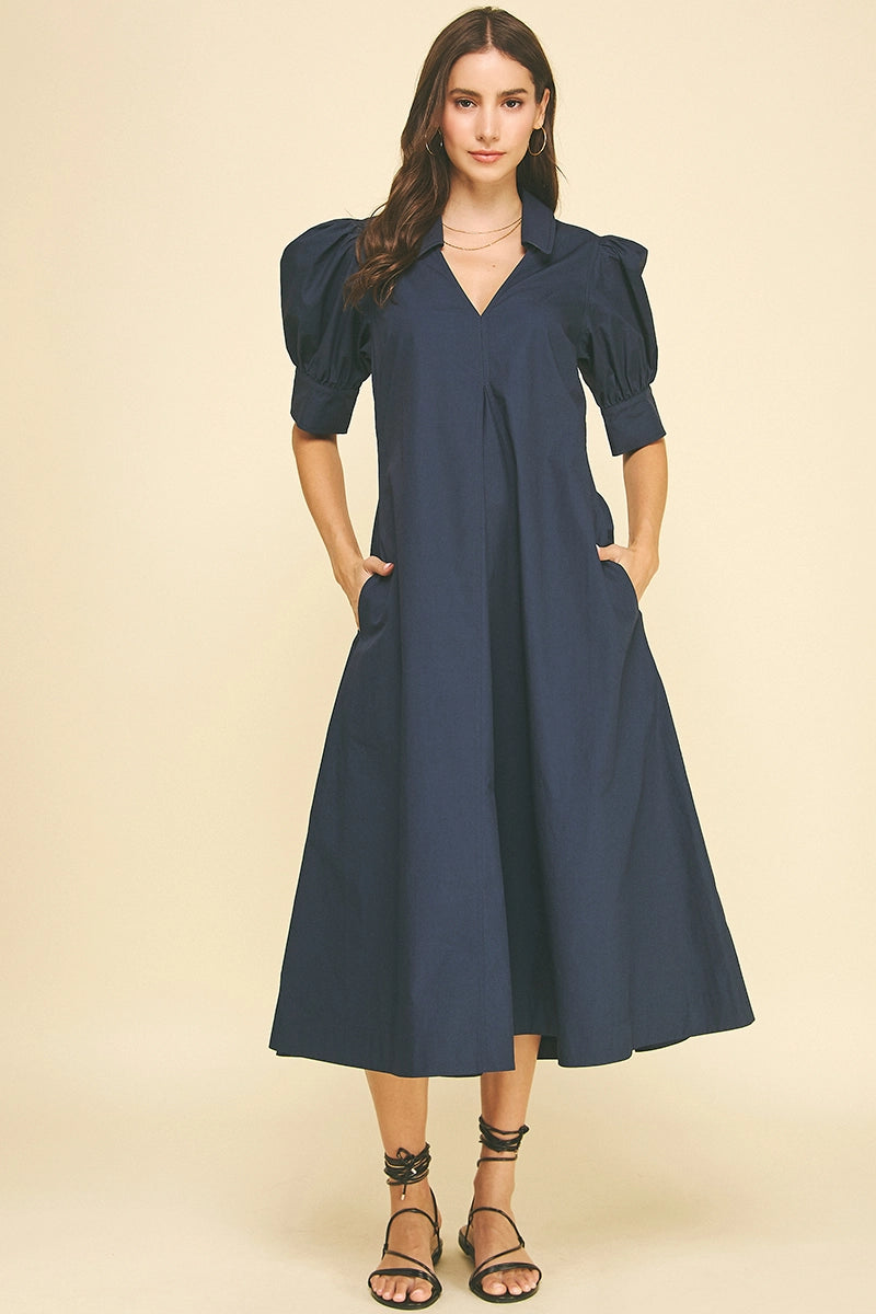 V-Neck Pleated A-Line Dress - Deep Navy