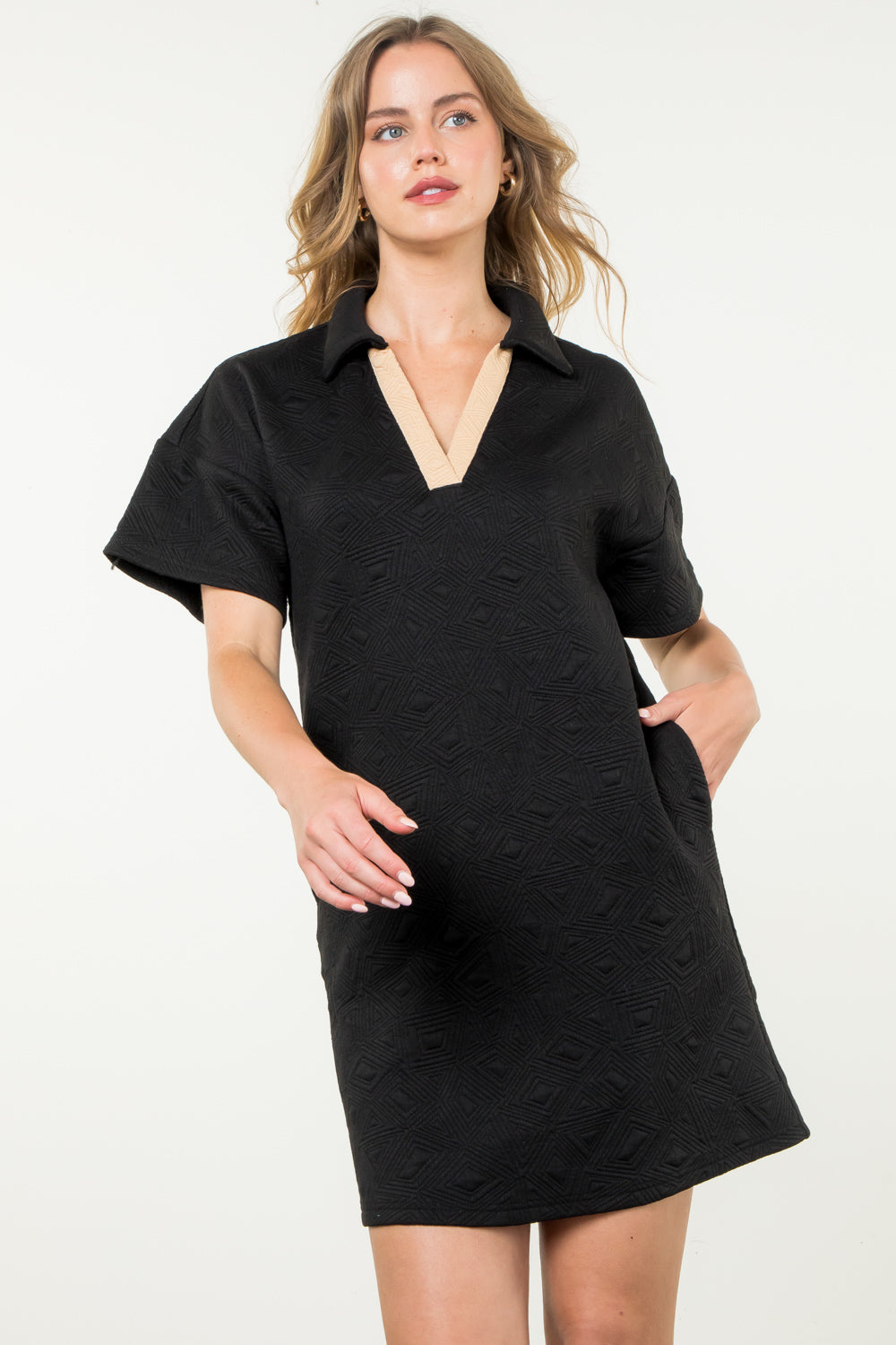 THML - Short Sleeve Textured Midi Dress - Black