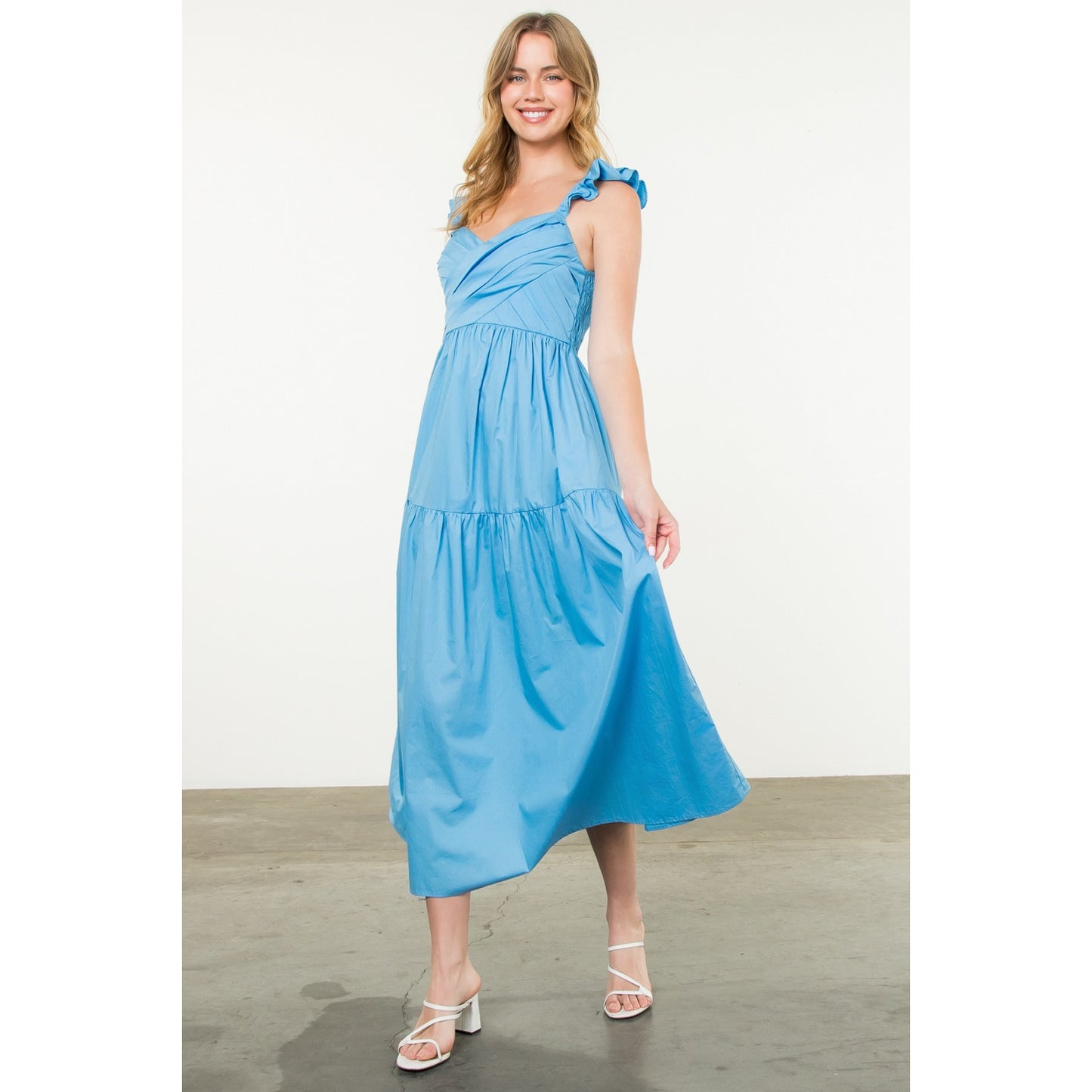 THML - Tiered Poplin Maxi Dress - Blue