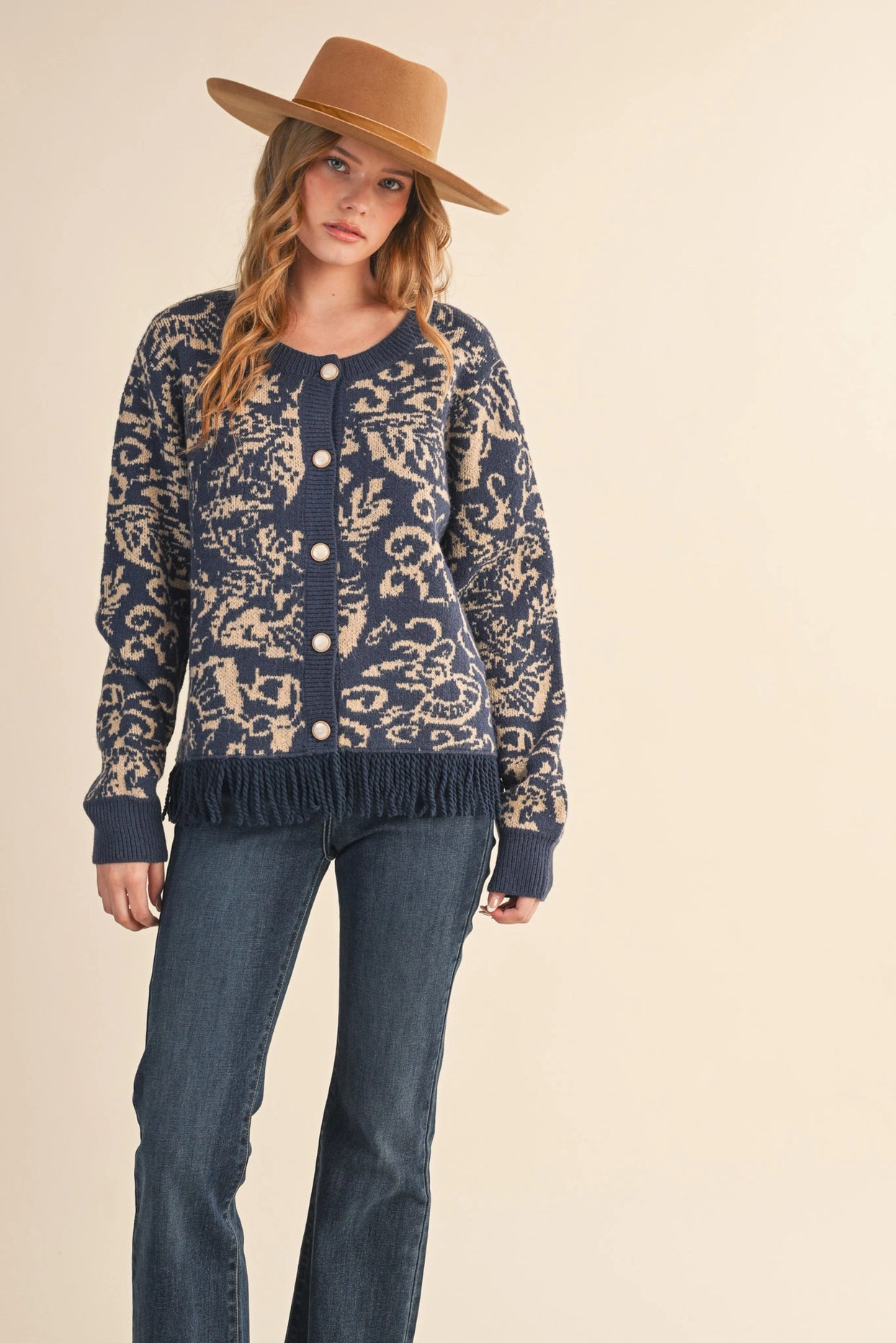 Floral Knit Fringed Sweater Cardigan - Navy Taupe