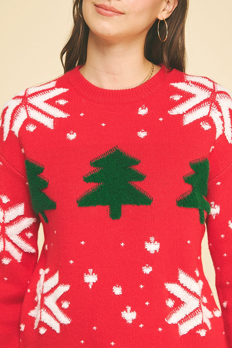 Christmas Tree Pattern Knit Sweater - Red