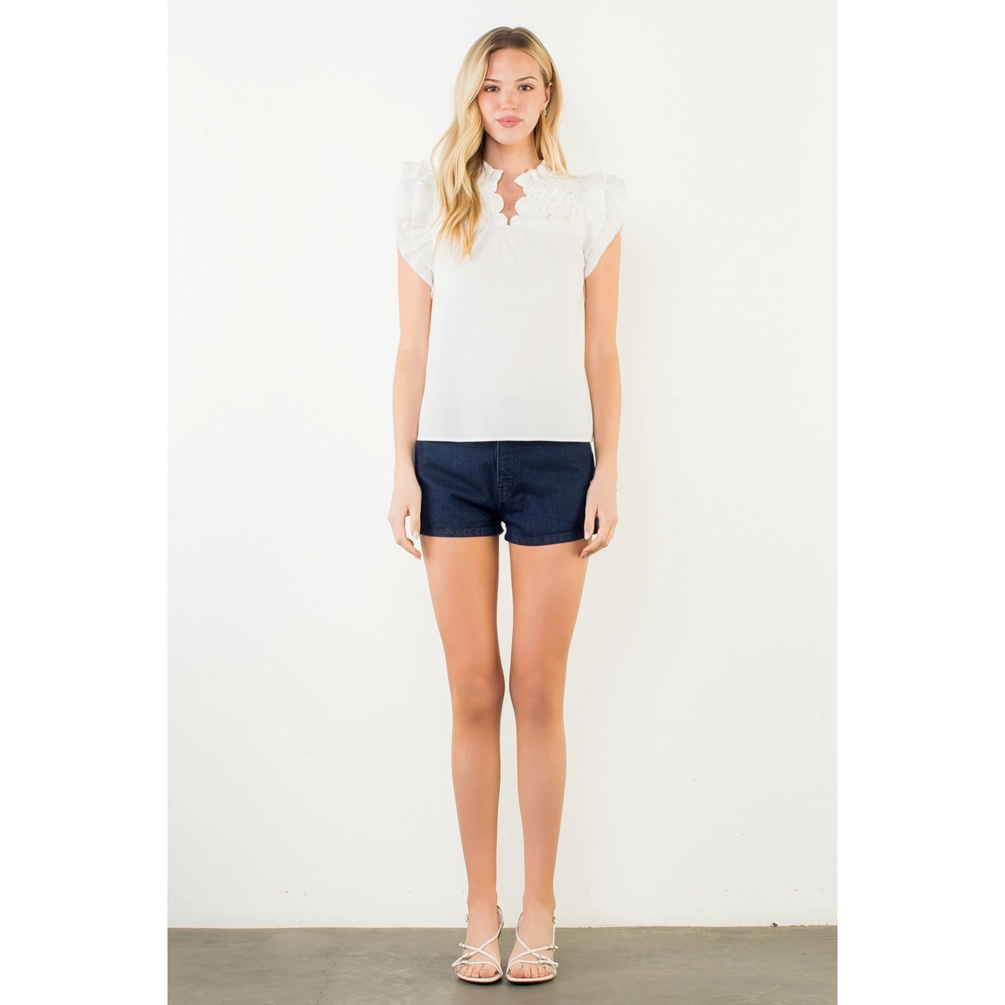 Flutter Sleeve Top w/ Embellished Yoke - White