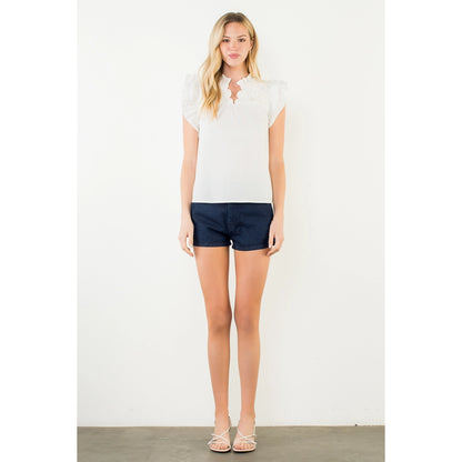 Flutter Sleeve Top w/ Embellished Yoke - White