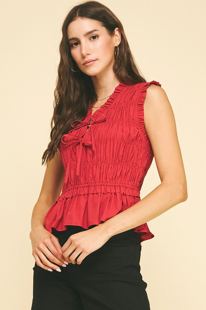Front-Tie Detailed Smocking Top - Red