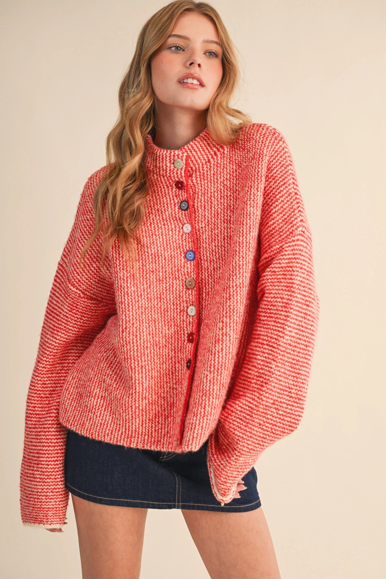 Striped Sweater Cardigan with Colorful Buttons - Ivory Red