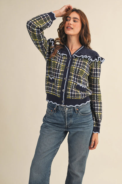 Ruffled Yoke Plaid Sweater Cardigan - Navy