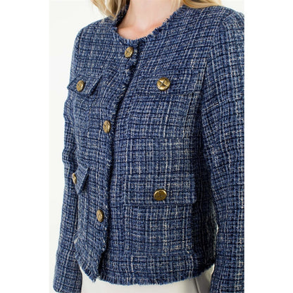 Fringe Hem Button Front Tweed Jacket - Navy