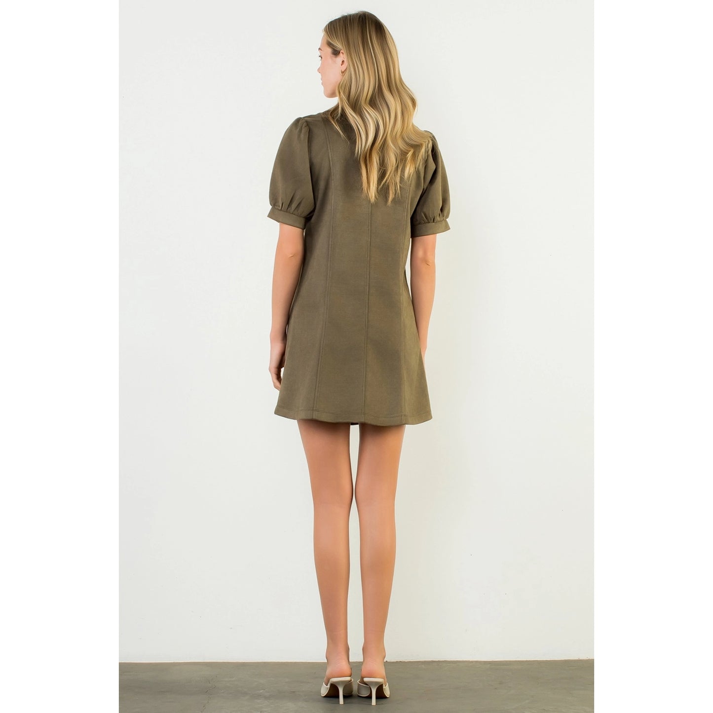 Puff Sleeve V-Neck Button Up Suede Dress - Olive