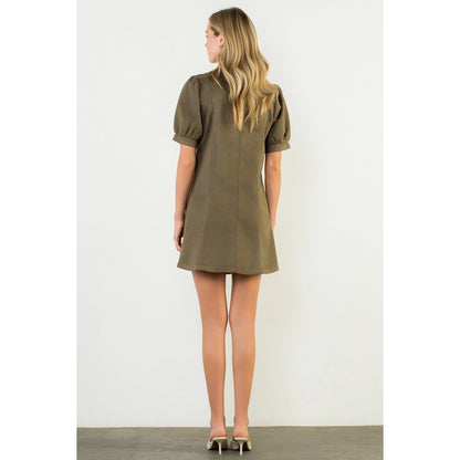 Puff Sleeve V-Neck Button Up Suede Dress - Olive