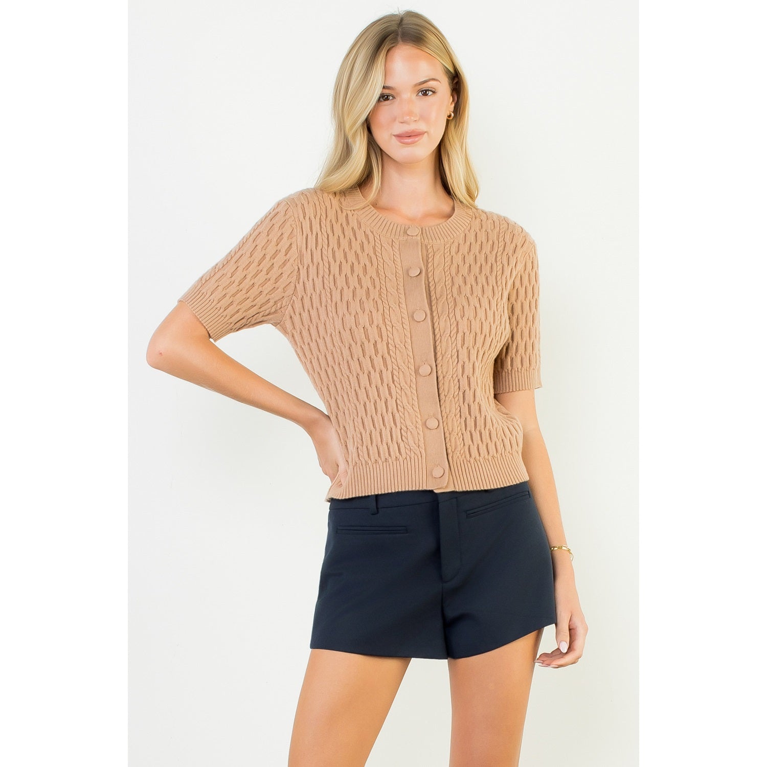 Short Sleeve Button Knit Top - Beige