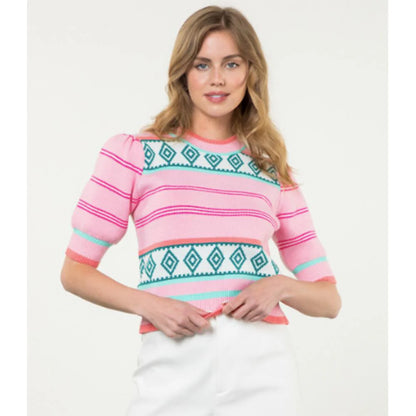 THML - Short Sleeve Striped Knit Top - Pink