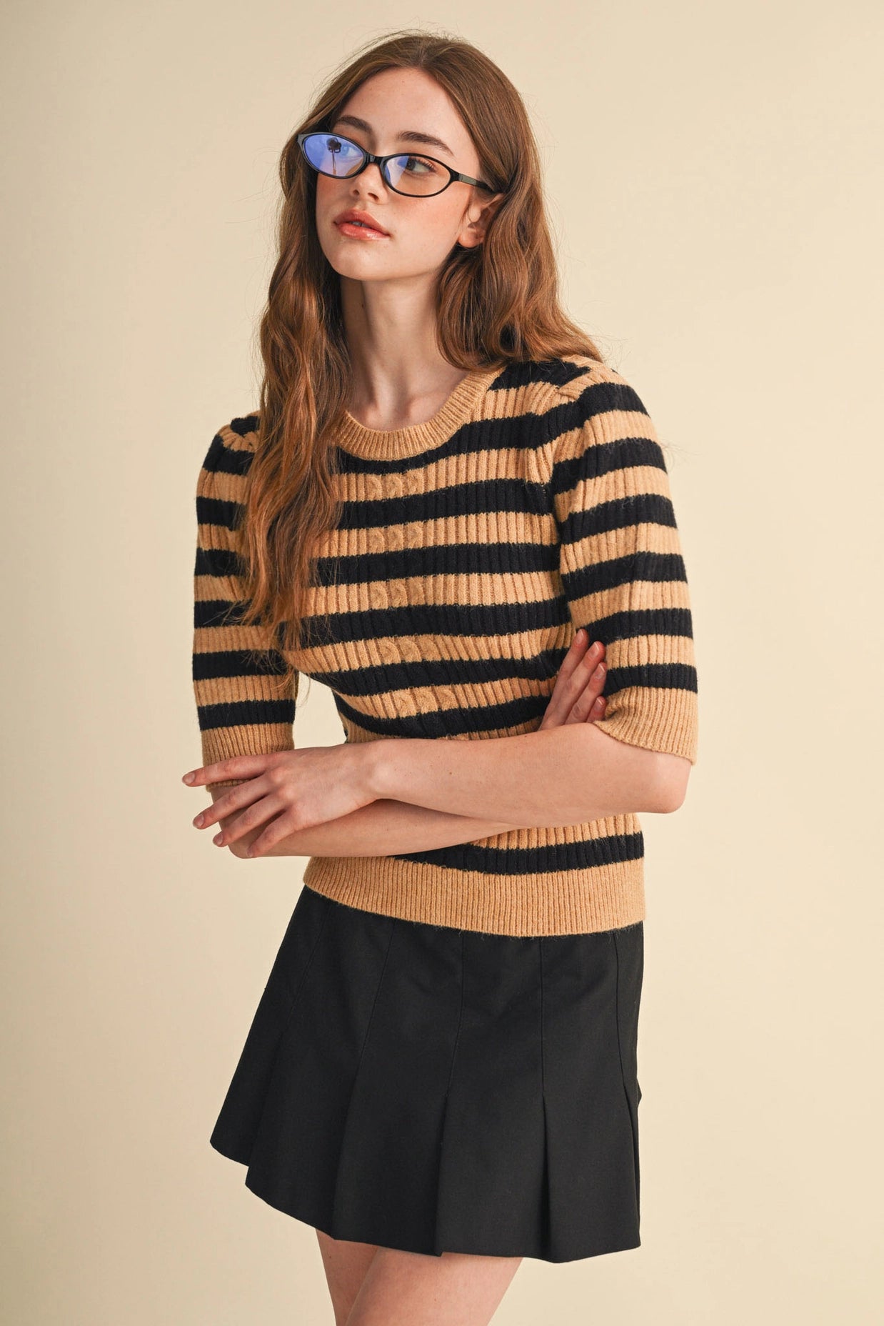 Striped Cable Knit Short Sleeve Sweater - Sand Black