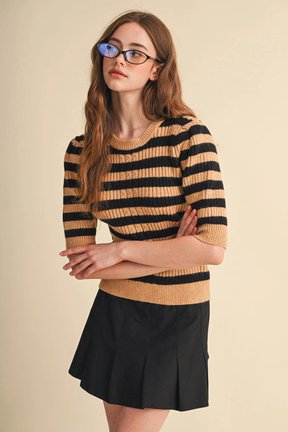 Striped Cable Knit Short Sleeve Sweater - Sand Black