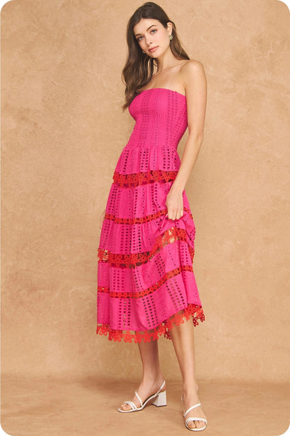 Color Block Smocked Eyelet Tube Midi Dress - Fuchsia/Red