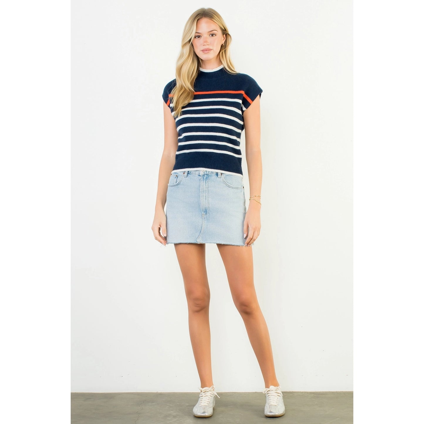 Cap Sleeve Stripe Knit Top - Navy