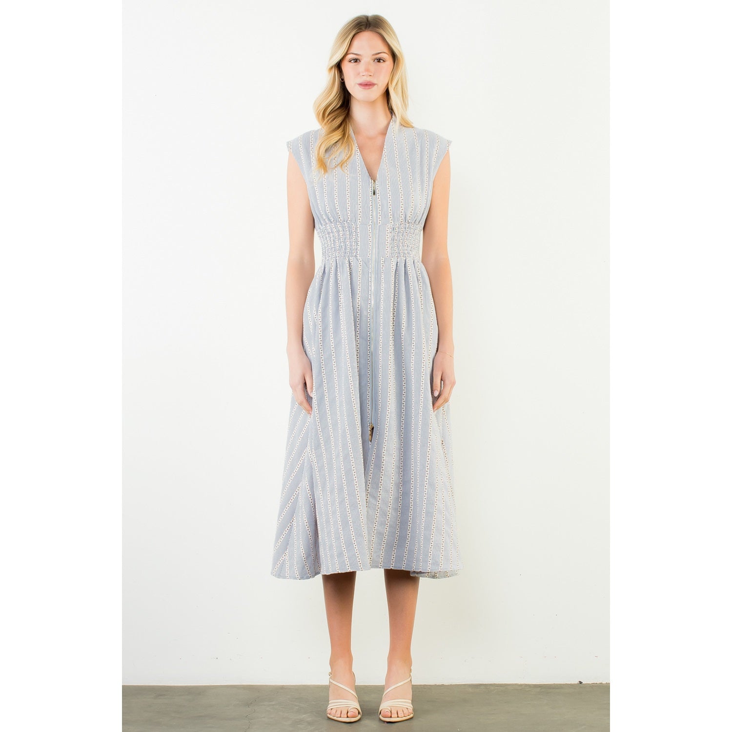 Sleeveless Striped Pattern V-Neck Dress - Blue - Spinout