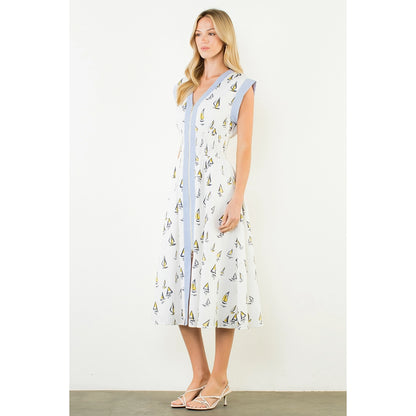 Short Sleeve Sailboat Pattern Midi Dress - Cream