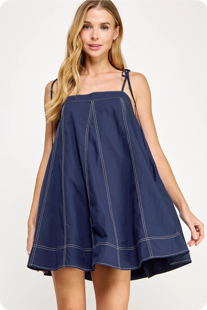Contrast Top Stitch Mini Dress - Navy - Spinout