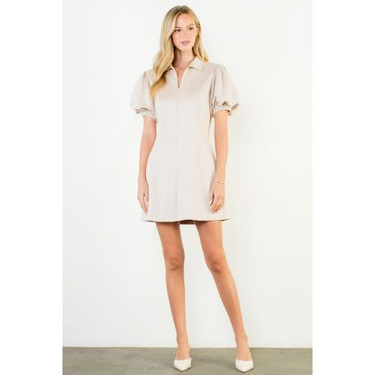 Collared Puff Sleeve Suede Dress - Cream