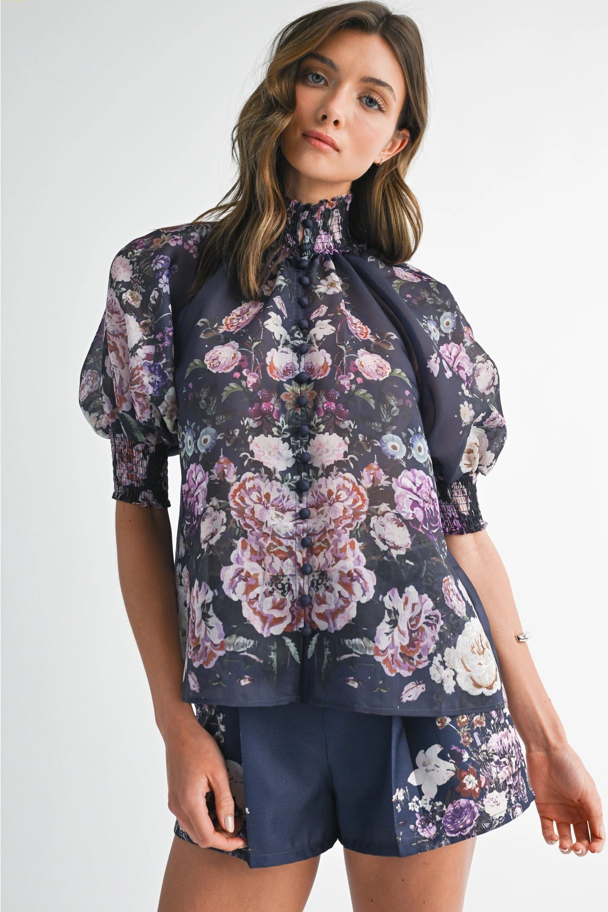 Floral Button Up Top and Short Set - Navy Flower