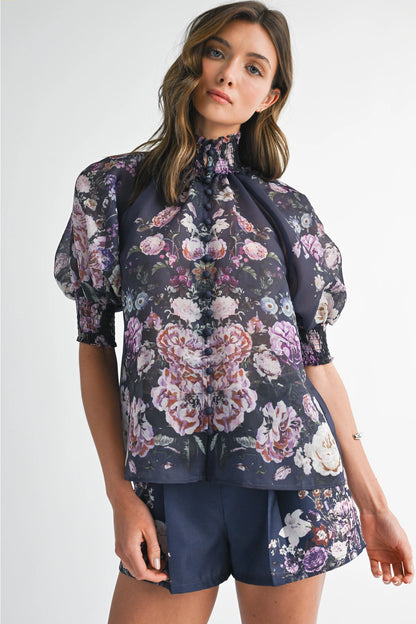Floral Button Up Top and Short Set - Navy Flower