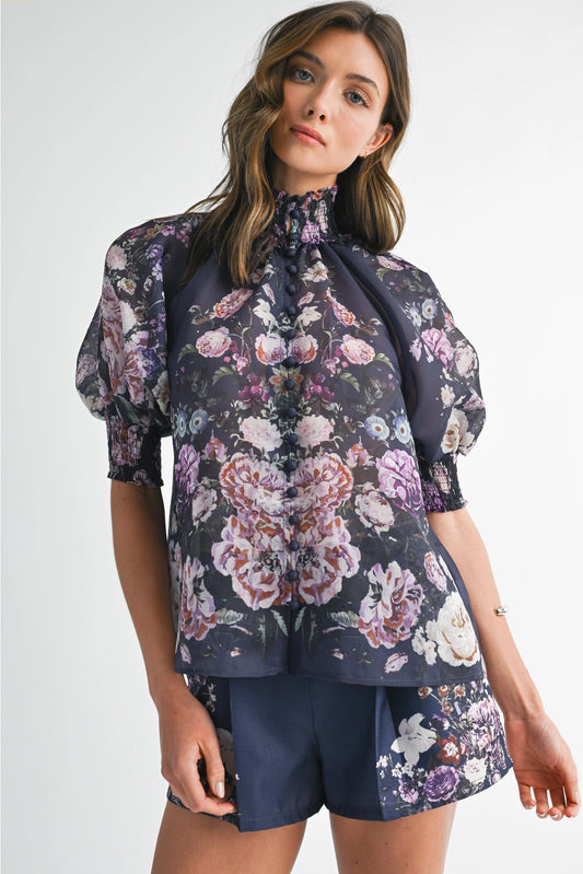 Floral Button Up Top and Short Set - Navy Flower
