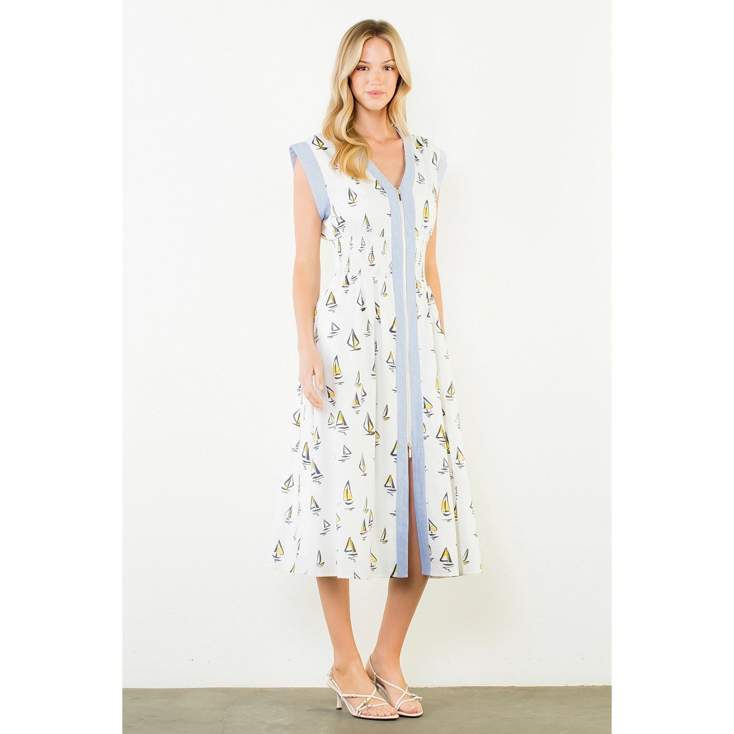 Short Sleeve Sailboat Pattern Midi Dress - Cream
