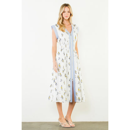 Short Sleeve Sailboat Pattern Midi Dress - Cream