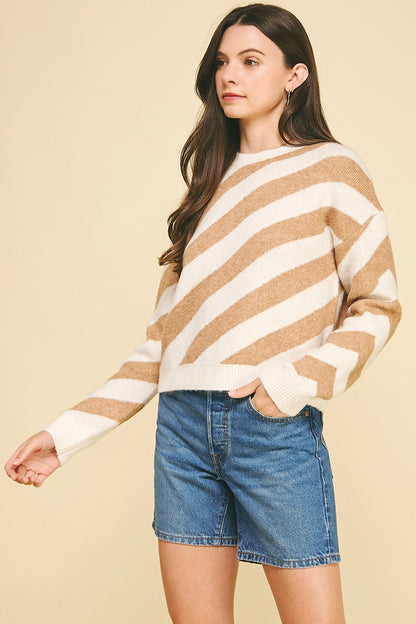 Diagonal Stripe Knit Sweater - Cream/Taupe