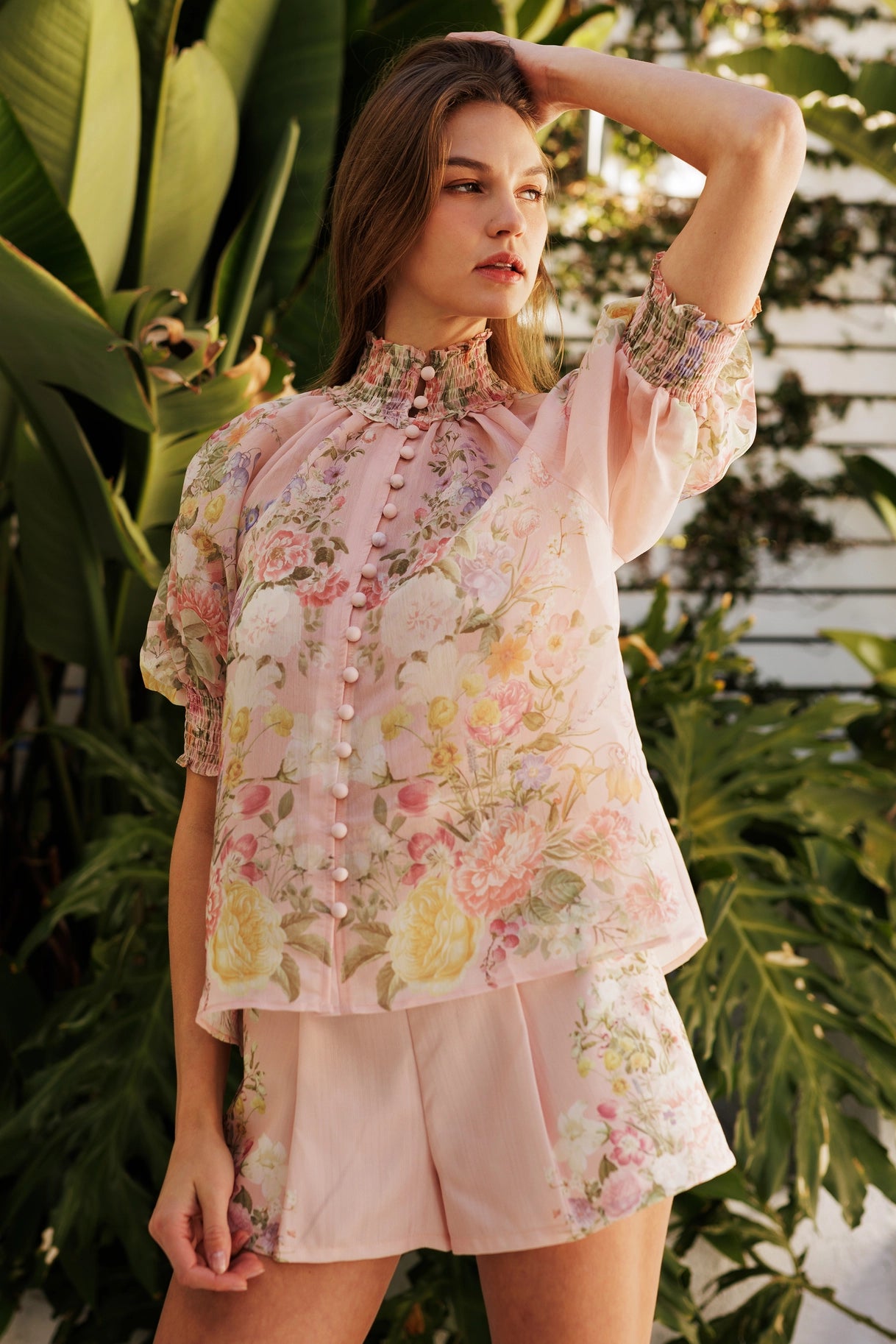Floral Button Up Top and Short Set - Powder Pink Flower