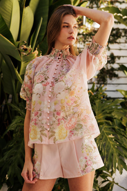 Floral Button Up Top and Short Set - Powder Pink Flower