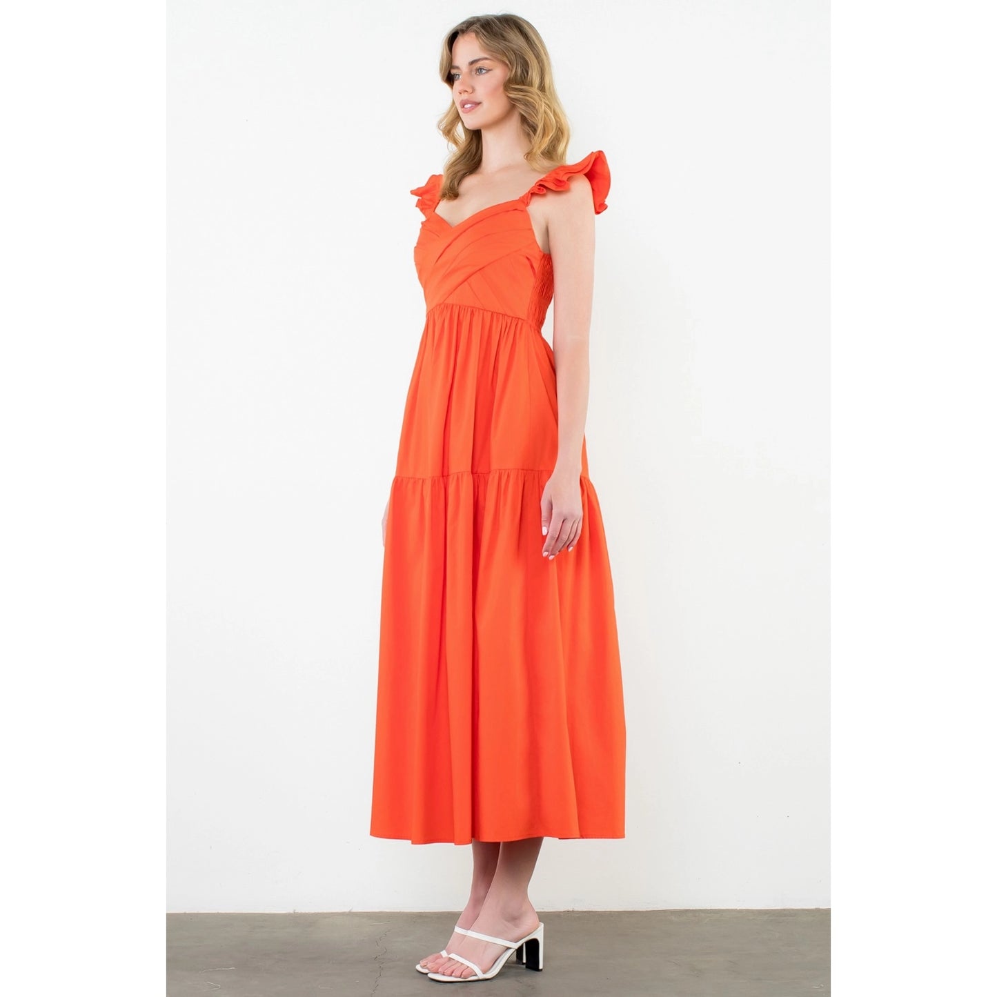 THML - Tiered Poplin Maxi Dress - Orange