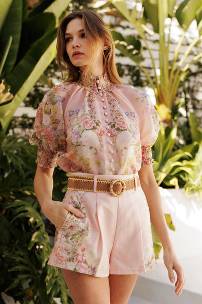 Floral Button Up Top and Short Set - Powder Pink Flower