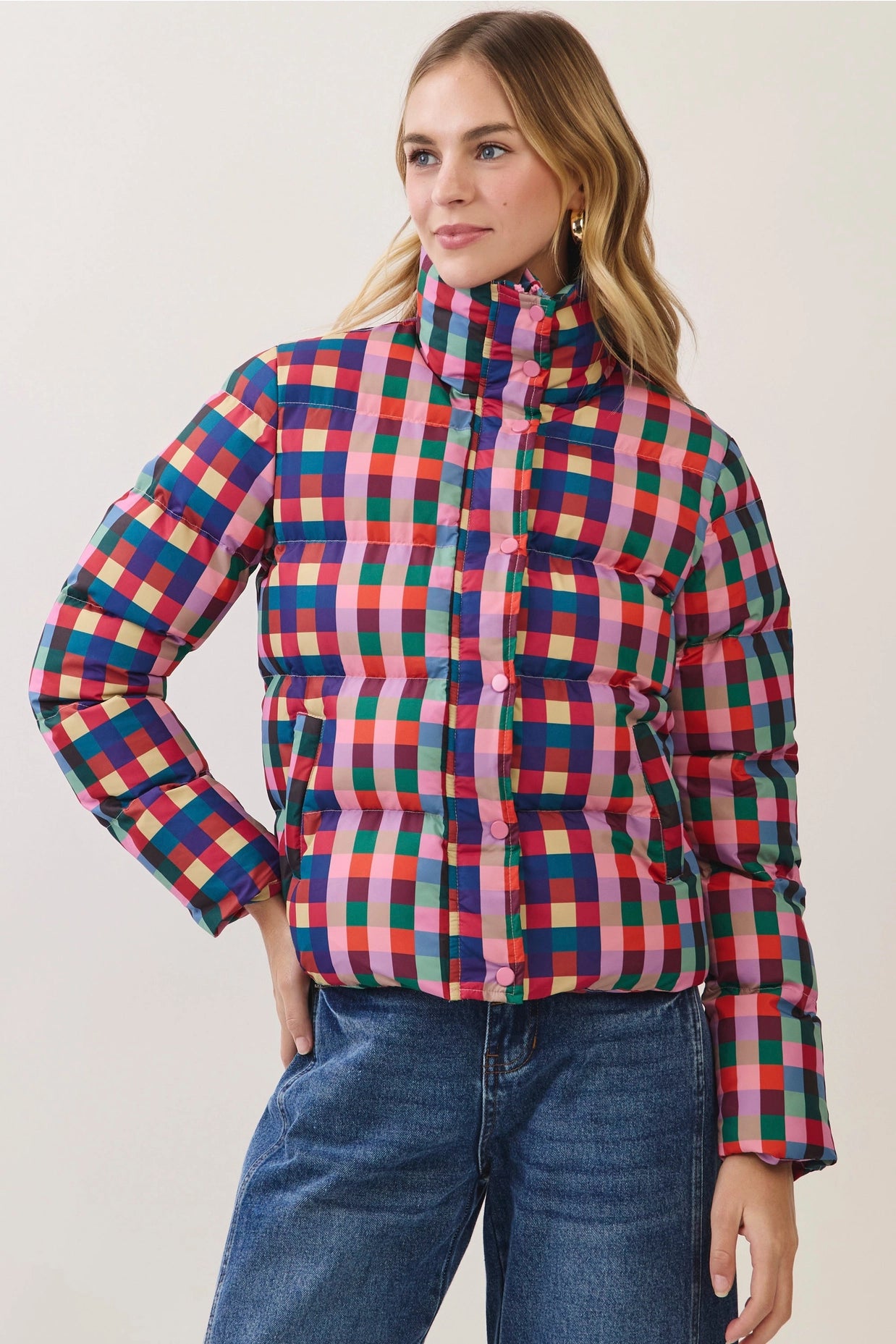 Multicolor Check Puffer Jacket - Pink