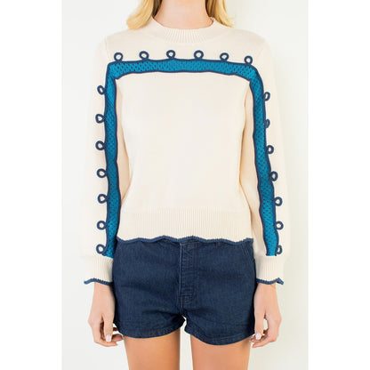 Long Sleeve Wavy Pattern Knitted Sweater - Cream