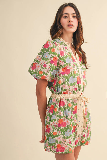 Bubble Sleeve Floral Print Romper - Cream Pink Floral