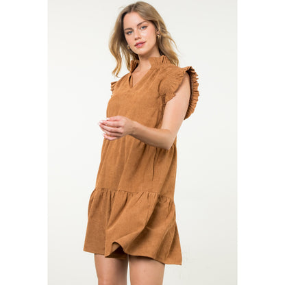 THML - Flutter Sleeve Corduroy Midi Dress - Camel