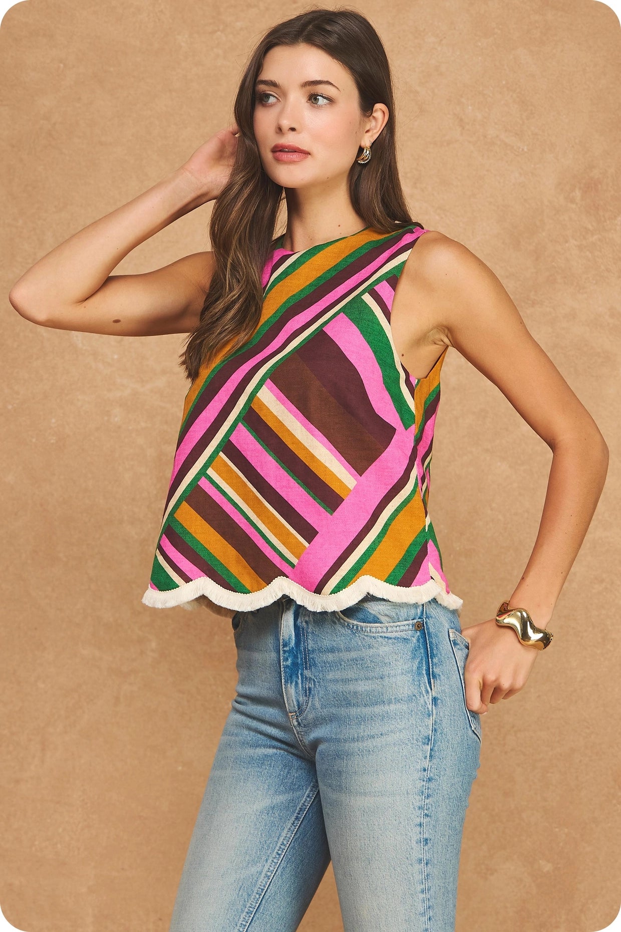 Vibrant Geometric Stripe Scalloped Fringe Sleeveless Top - Brown Multi