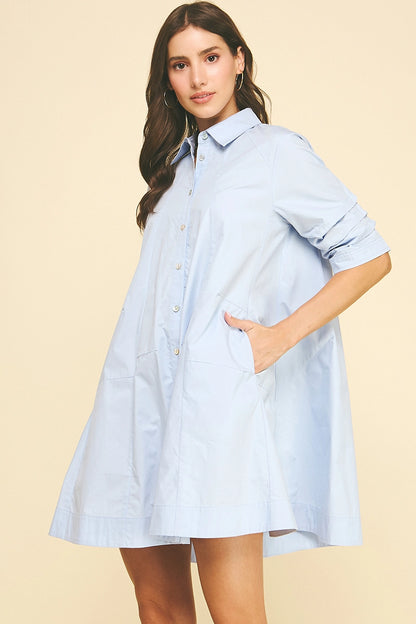 Button Down Poplin Mini Dress - Light Blue