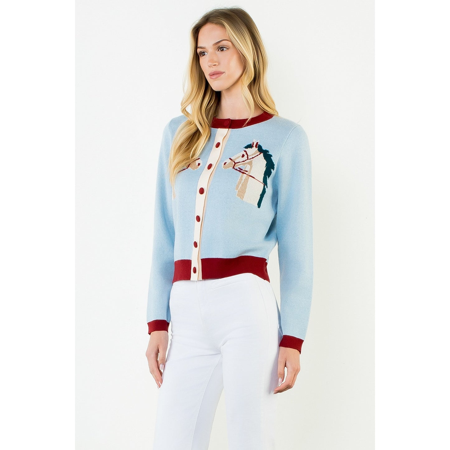 Double Horse Knit Cardigan - Light Blue