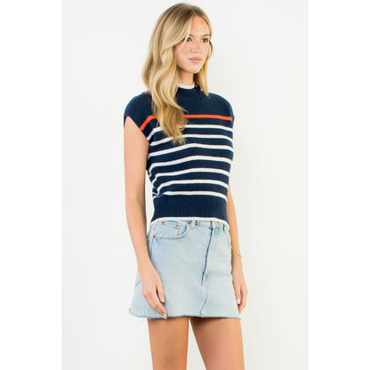 Cap Sleeve Stripe Knit Top - Navy