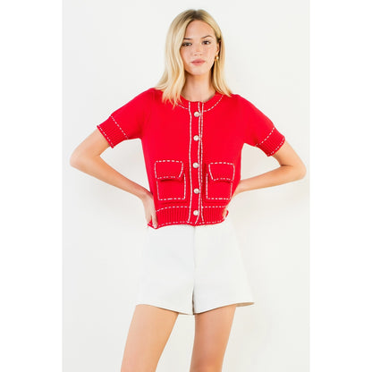 Short Sleeve Knitted Button Up Top - Red