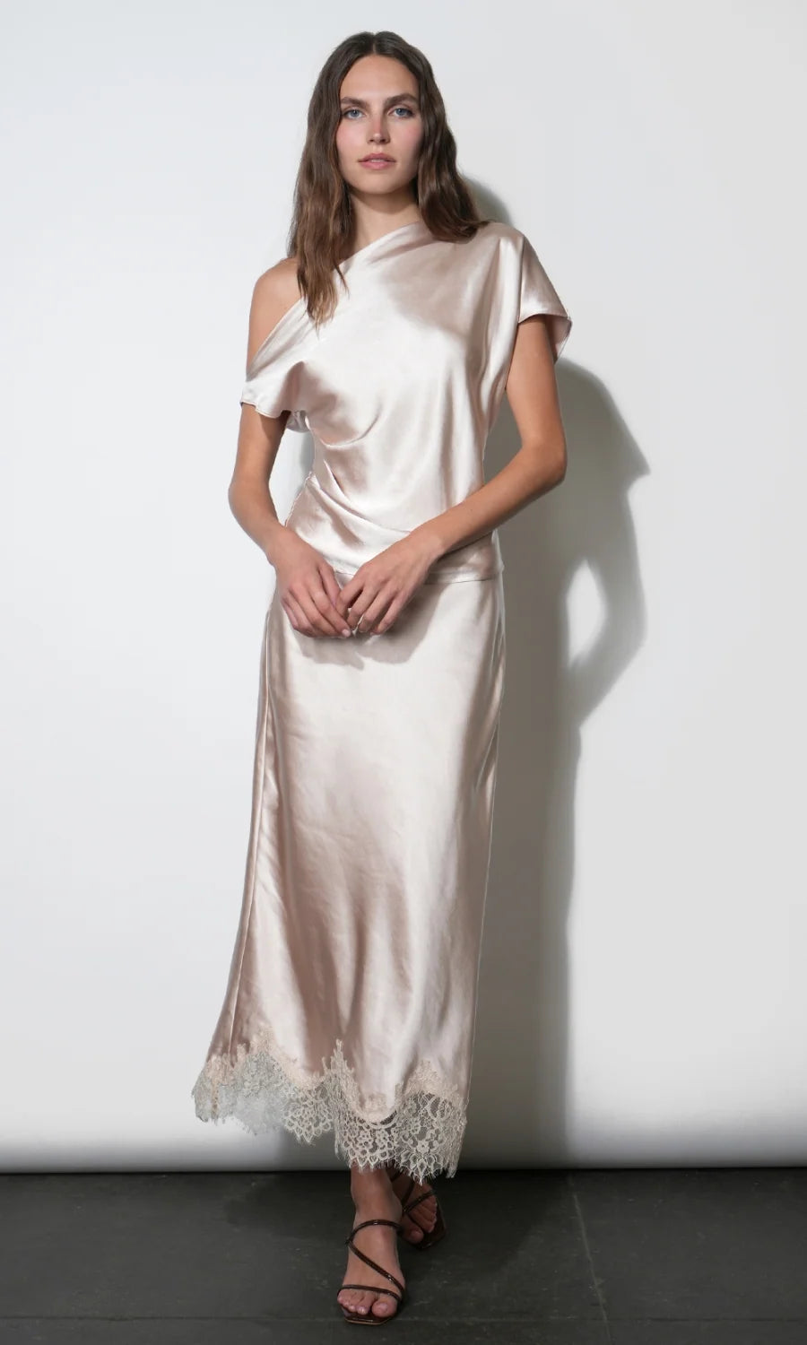 Nellie Asymmetric Satin Draped Off Shoulder Top - Taupe