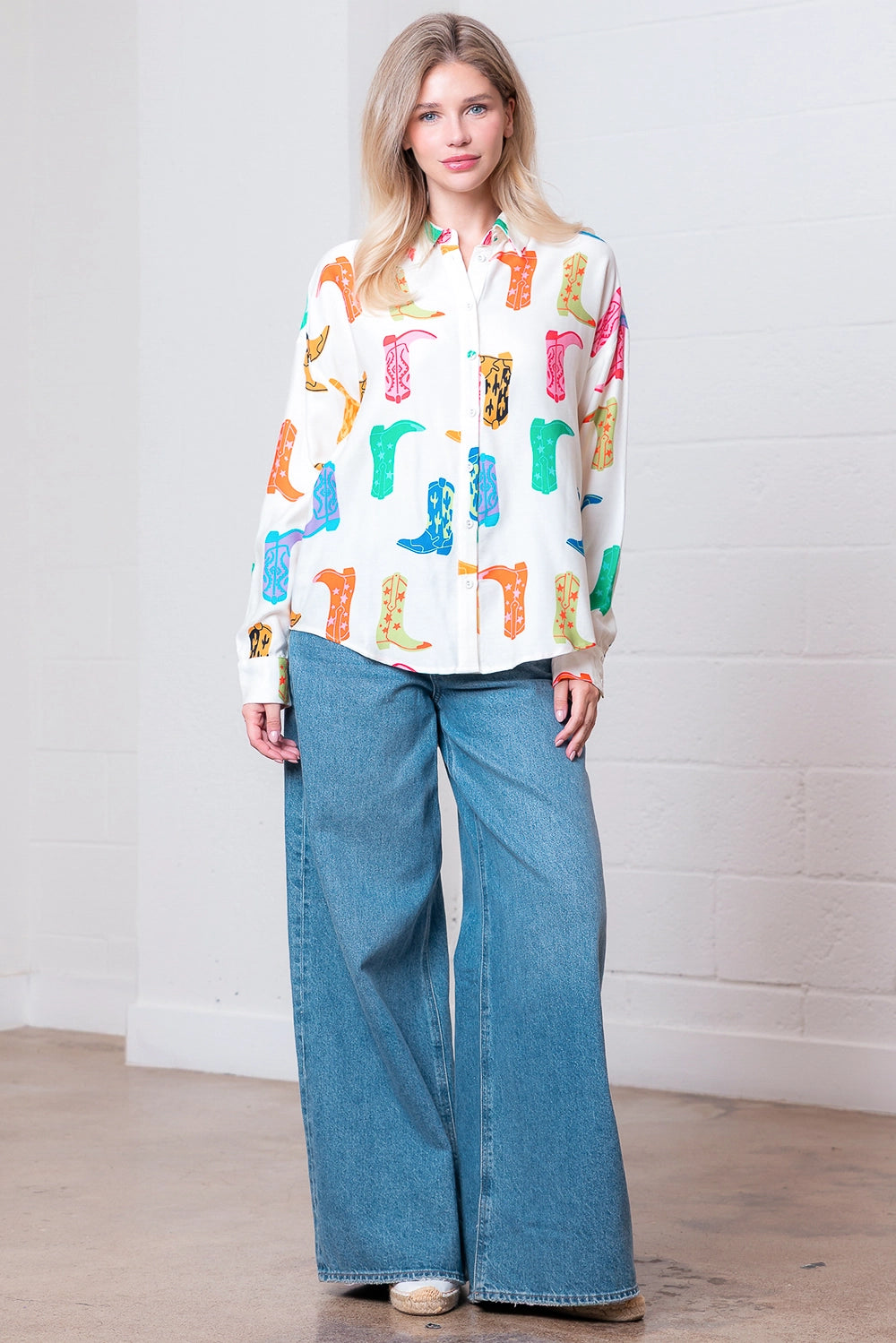 Printed Button Up Long Sleeve Top - Ivory Multi - Spinout