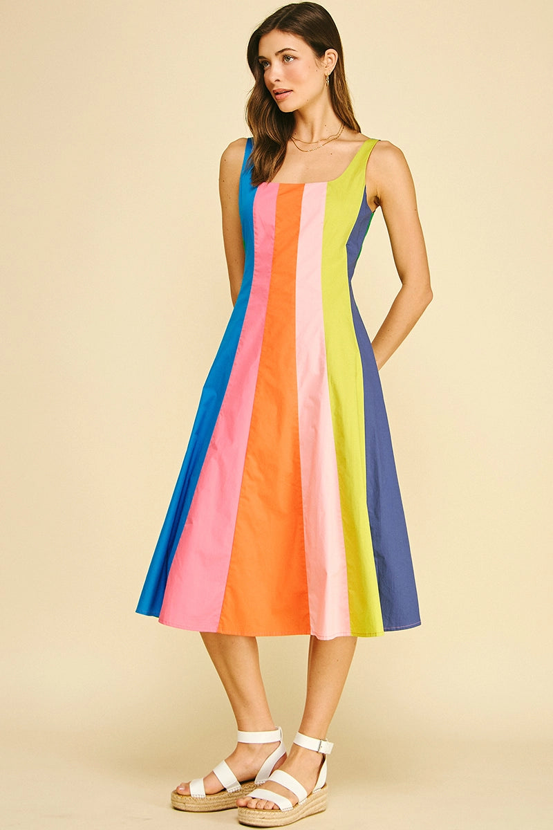 Rainbow Colorblock A-Line Midi Dress - Multi Stripe