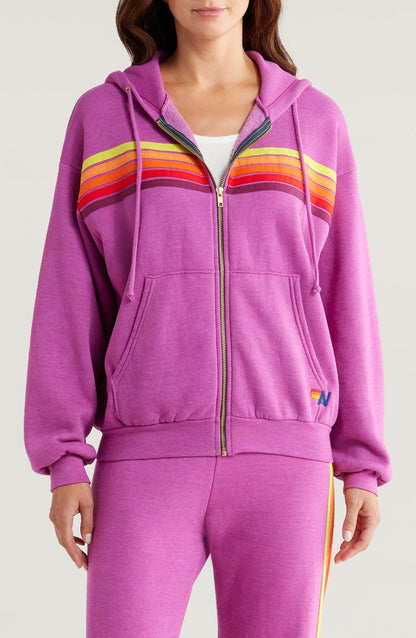 Aviator Nation - 5 Stripe Relaxed Zip Hoodie - Magenta/Orange Yellow