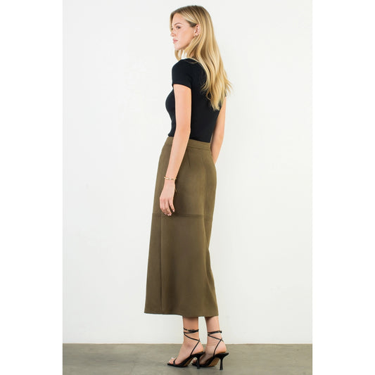 Front Slit Suede Long Skirt - Olive