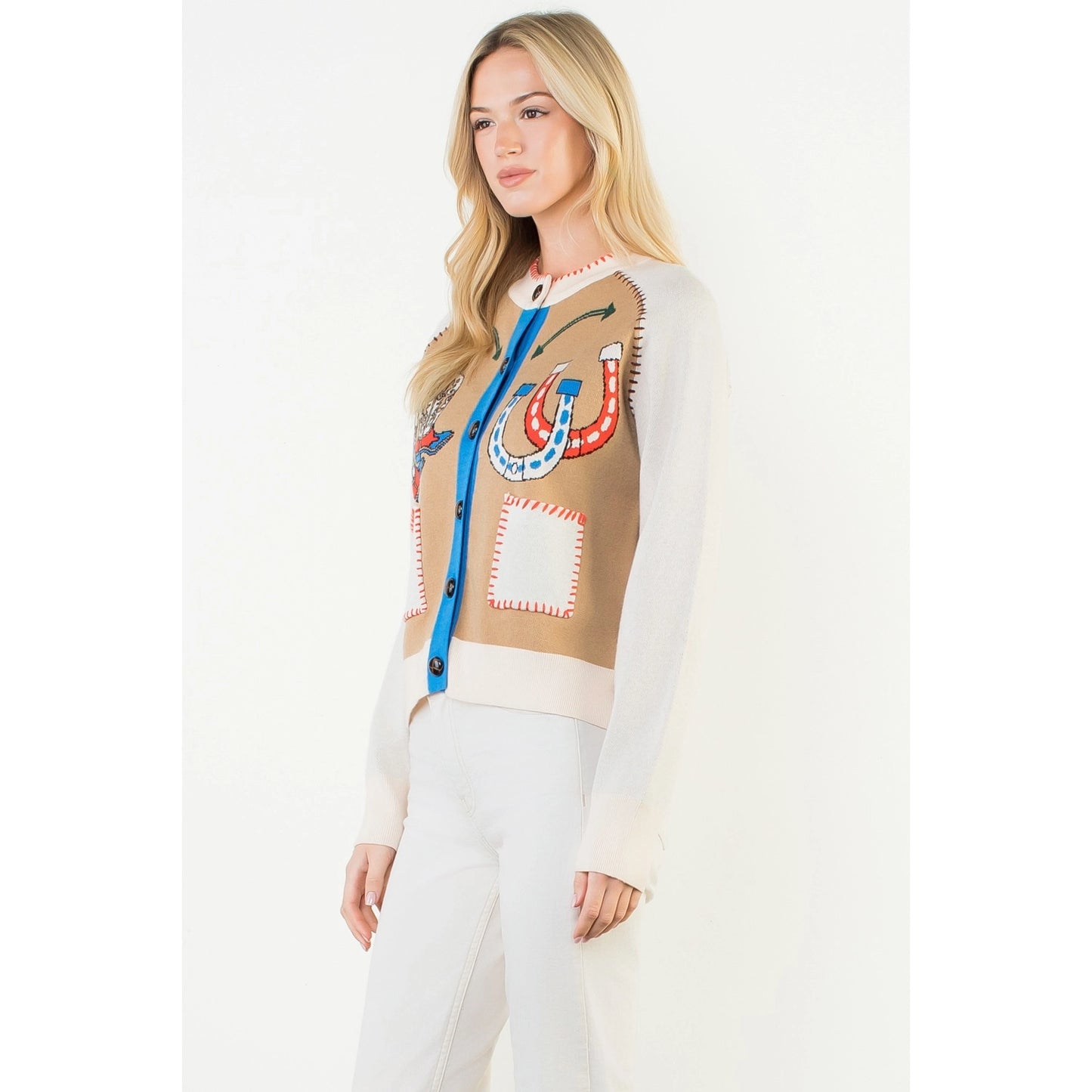 Western Theme Embroidery Detail Cardigan - Cream